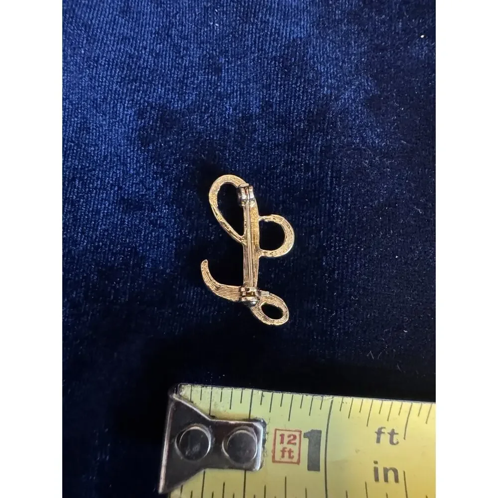 Vintage Gold Tone Rhinestone Script Letter L Initial Monogram Brooch Pin